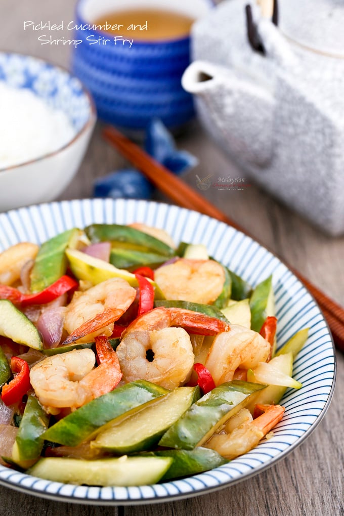 Pickled Cucumber and Shrimp Stir Fry - a light, tender crisp, and refreshingly piquant side dish perfect with a bowl of steamed rice. | MalaysianChineseKitchen.com