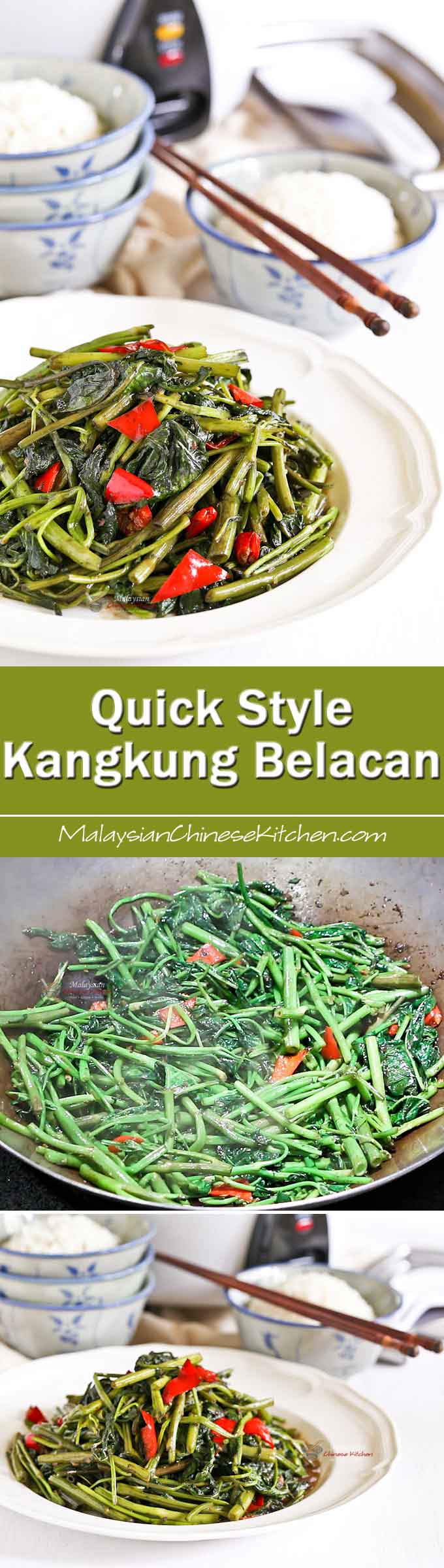 This Quick Style Kangkung Belacan is a twist on a popular Malaysian stir fry made simpler and quicker. Just as delicious with a bowl of rice. | MalaysianChineseKitchen.com