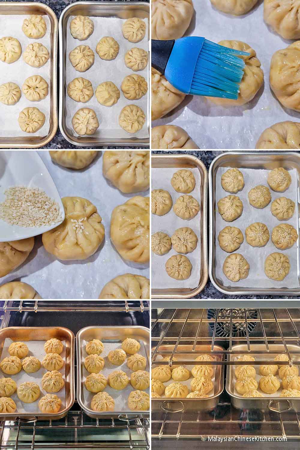 Apply egg wash and bake these Seremban Siew Pau (Baked BBQ Buns).